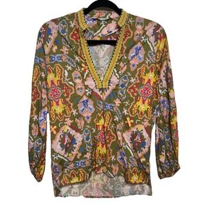 Zara Mixed Print Embroidered Collar Tunic Shirt Women's‎ Size XS Peasant Boho